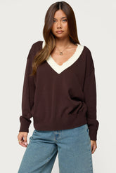 Marie Contrast Lacey V Neck Sweater