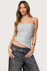 Sequin Asymmetric Slit Strapless Top