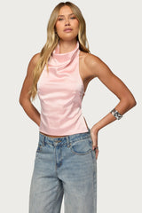 Satin Effect Backless Cowl Neck Top