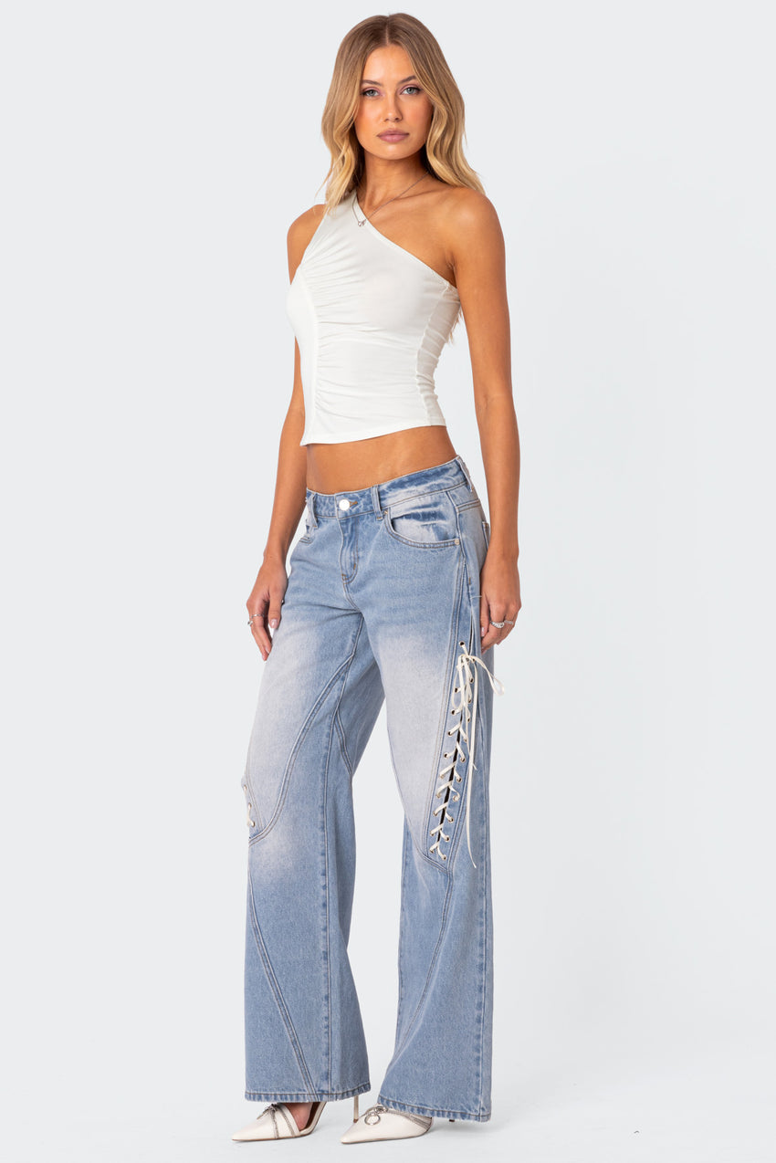 Ribbon Lace Up Low Rise Baggy Jeans