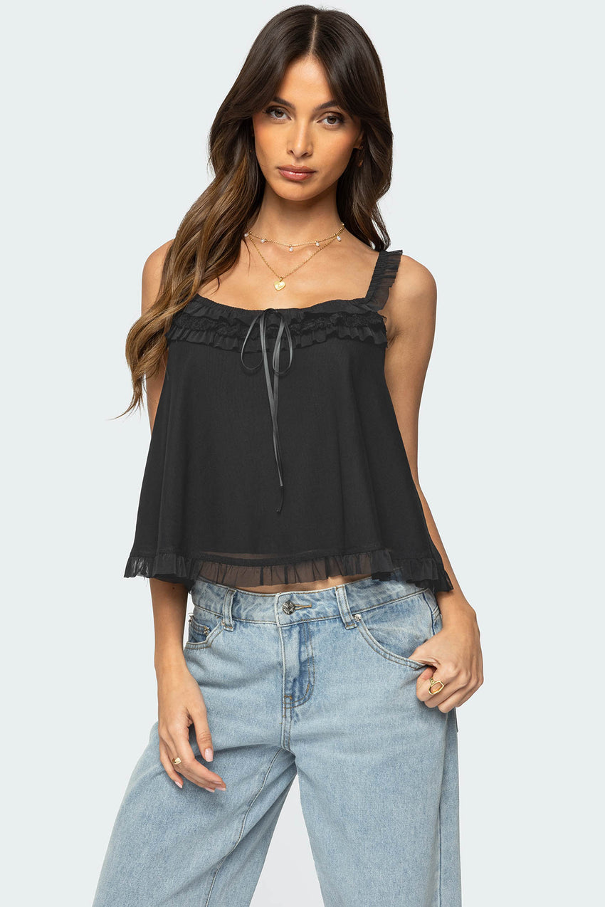 Ruffle Mesh Babydoll Tank Top