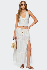 Embroidered Cotton Lace Slitted Maxi Skirt