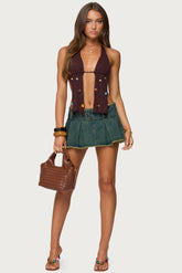 Frayed Pleated Denim Mini Skort