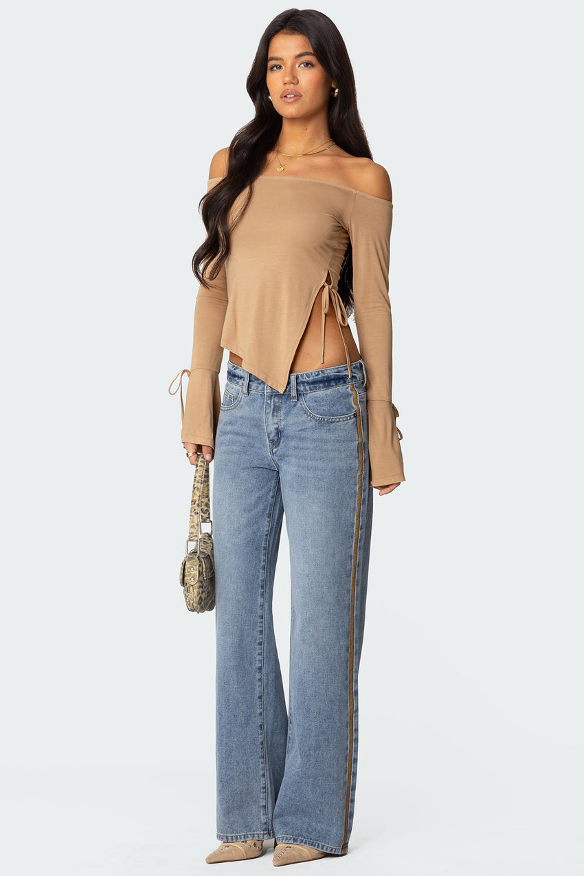 Faux Suede Stripe Low Rise Straight Leg Jeans