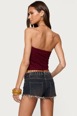 Textured Asymmetric Bead Fringe Strapless Top