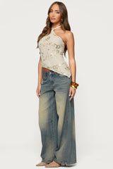 Beaded Sequin Asymmetric Halter Top