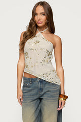 Beaded Sequin Asymmetric Halter Top