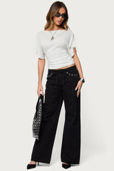 Grommet Tie Waist Low Rise Baggy Jeans
