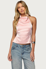 Satin Effect Backless Cowl Neck Top