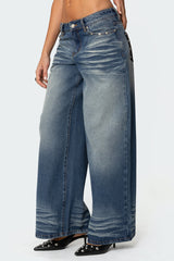 Faux Leather Pocket Low Rise Baggy Jeans