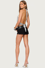 Shiny Knit Cowl Neck Backless Top