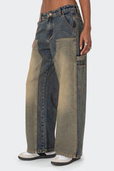 Contrast Panel Washed Mid Rise Baggy Jeans