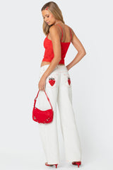 Strawberry Bow Pocket Low Rise Baggy Jeans