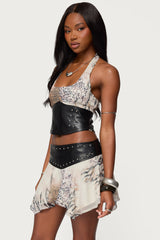 Letta Printed Chiffon Faux Leather Top