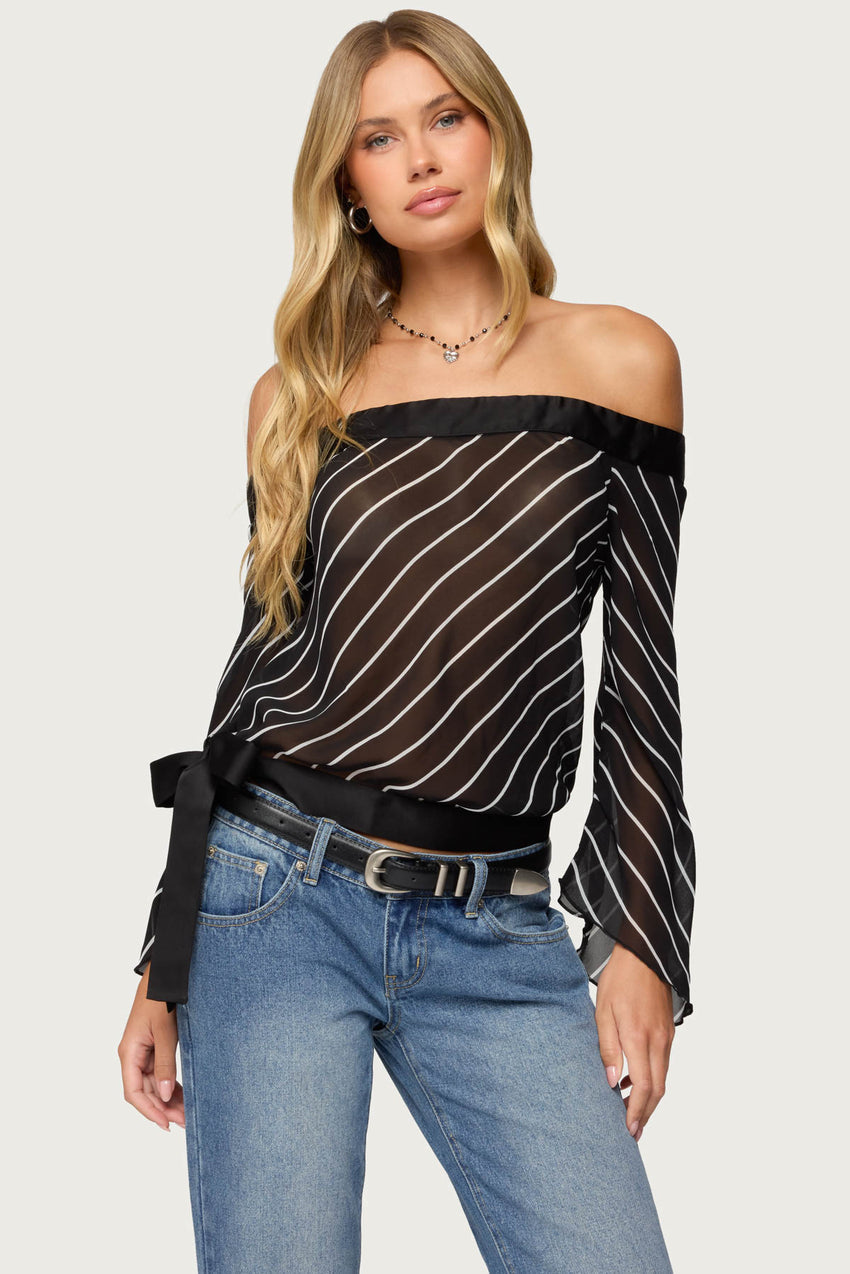 Diagonal Striped Off Shoulder Chiffon Top