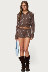 Kenny Polka Dot Knit Zip Up Hooded Cardigan