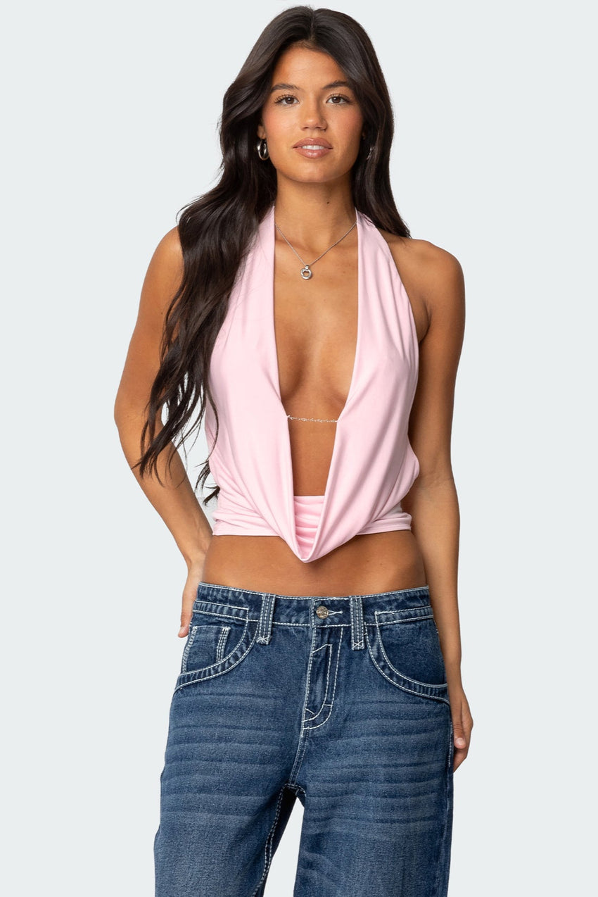 Deep Cowl Neck Open Back Top