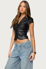 Faux Leather Tailored Button Up Top