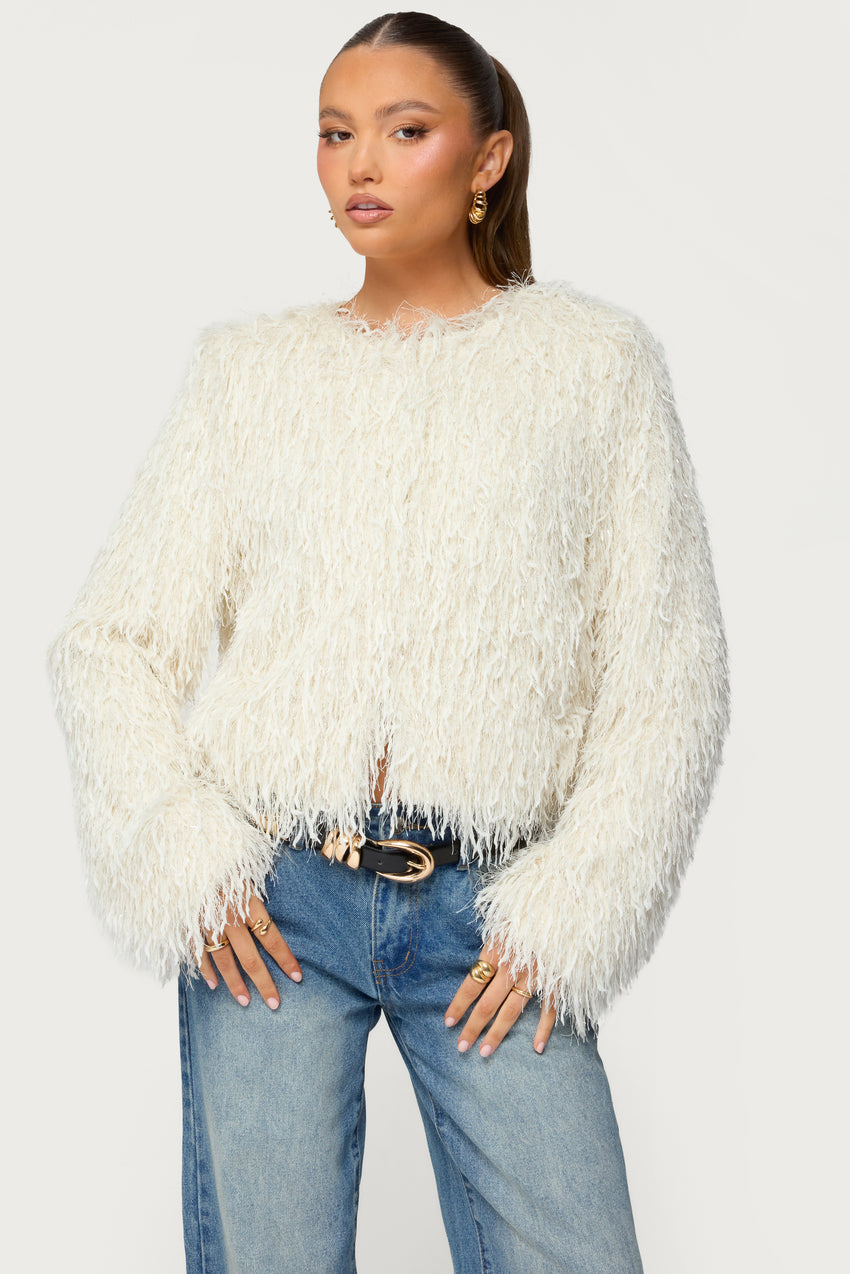 Aleandra Fringed Faux Feather Jacket