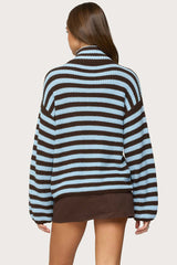 High Neck Striped Zip Up Sweater