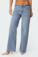 Faux Suede Stripe Low Rise Straight Leg Jeans