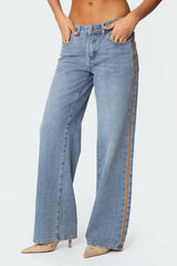 Faux Suede Stripe Low Rise Straight Leg Jeans