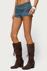 Asymmetric Belt Denim Micro Shorts