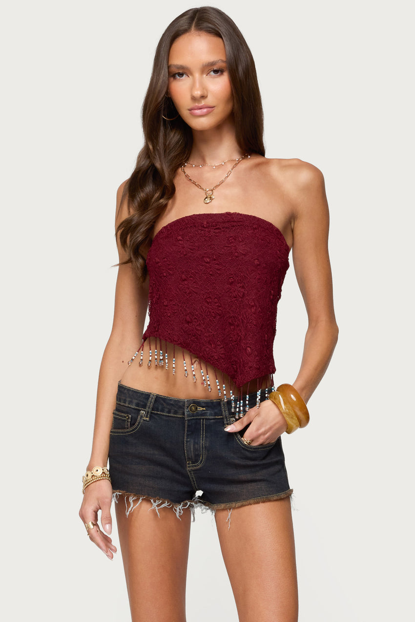 Textured Asymmetric Bead Fringe Strapless Top