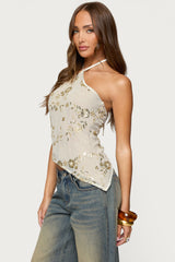 Beaded Sequin Asymmetric Halter Top