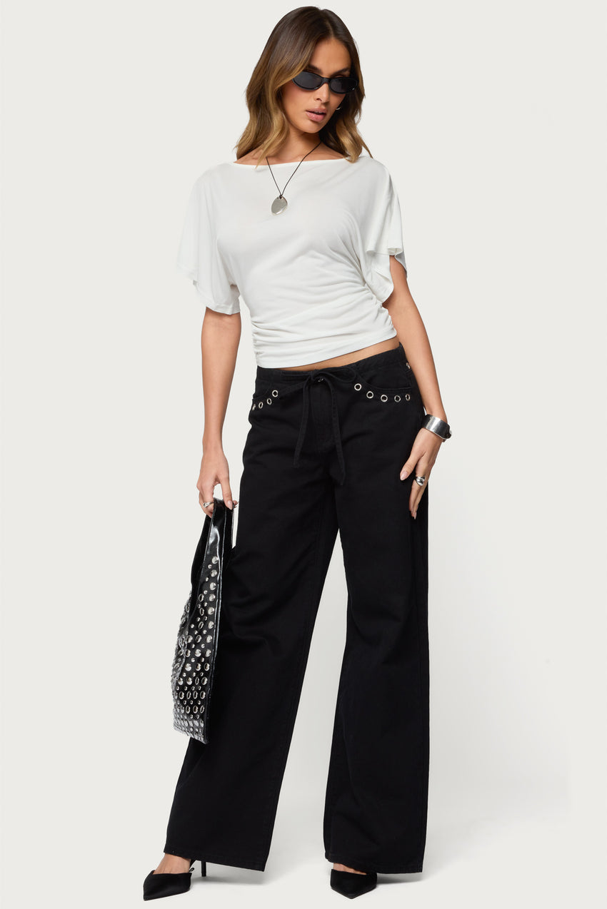 Grommet Tie Waist Low Rise Baggy Jeans