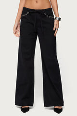 Grommet Tie Waist Low Rise Baggy Jeans